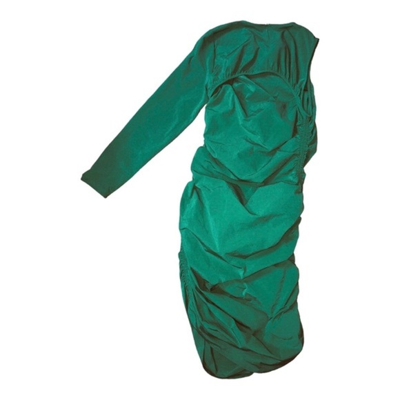 Zara emerald green asymmetrical side shirred ruching open back dress. Size large - Picture 10 of 12